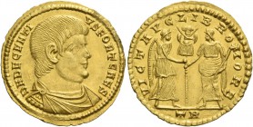 Decentius caesar, 351 – 353. Solidus, Treveri 353, AV 3.96 g. D N DECENTI – VS FORT CAES Bare-headed, draped and cuirassed bust r. Rev. VICT AVG LIB R...