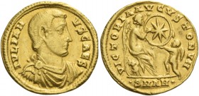 Julian II caesar, 355 – 361. Semissis, Antiochia 355-361, AV 2.26 g. IVLIAN – VS CAES Bare-headed, draped and cuirassed bust r. Rev. VICTORIA AVGVSTOR...