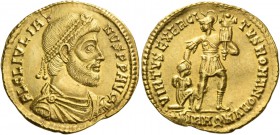 Julian II augustus, 360 – 363. Solidus, Sirmium 361–363, AV 4.45 g. FL CL IVLIA – NVS P P AVG Pearl-diademed, draped and cuirassed bust r. Rev. VIRTVS...