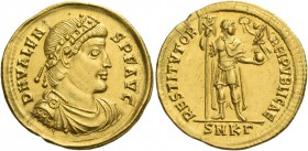 Valens, 364 – 378. Solidus, Cyzicus 364-367, AV 4.48 g. D N VALEN – S P F AVG Pearl-diademed, draped and cuirassed bust r. Rev. RESTITVTOR – REIPVBLIC...