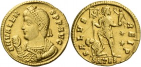 Valens, 364 – 378. Solidus, Thessalonica 364-367, AV 4.40 g. D N VALEN – S P F AVG Pearl diademed bust l., wearing imperial mantle and holding mappa a...