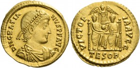 Gratian, 367 – 383. Solidus, Thessalonica circa 378-383, AV 4.55 g. D N GRATIA – NVS P F AVG Pearl-diademed, draped and cuirassed bust r. Rev. VICTOR ...