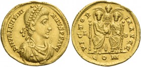 Valentinian II, 375 – 392. Solidus, Lugdunum 383-388, AV 4.52 g. D N VALENTINI – ANVS P F AVG Pearl-diademed, draped and cuirassed bust r. Rev. VICTOR...
