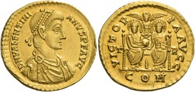 Valentinian II, 375 – 392. Solidus, Treveri August 388-May 392, AV 4.52 g. D N VALENTINI – ANVS P F AVG Pearl-diademed, draped and cuirassed bust r. R...