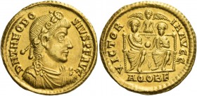 Theodosius I, 379 – 395. Solidus, Aquileia 379-383, AV 4.47 g. DN THEODO – SIVS P F AVG Rosette-diademed, draped and cuirassed bust r. Rev. VICTOR – I...