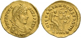 Theodosius I, 379 – 395. 1 1/2 scrupulum, Constantinopolis circa 383-388, AV 1.68 g. DN THEODO – SIVS P F AVG Pearl-diademed, draped and cuirassed bus...