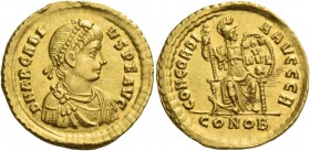 Arcadius, 383 – 408. Solidus, Constantinopolis 387, AV 4.45 g. D N ARCADI – VS P F AVG Pearl-diademed, draped and cuirassed bust r. Rev. CONCORDI – A ...