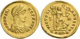 Honorius, 393 – 423. Solidus, Sirmium 393-396, AV 4.44 g. D N HONORI – VS P F AVG Pearl-diademed, draped and cuirassed bust r. Rev. VICTORI –A AVGGG Θ...