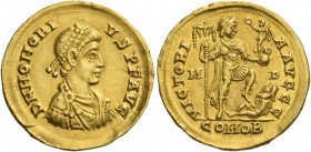 Honorius, 393 – 423. Solidus, Mediolanum 395-402, AV 4.41 g. D N HONORI – VS P F AVG Pearl-diademed, draped and cuirassed bust r. Rev. VICTORI – A AVG...