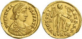 Honorius, 393 – 423. Solidus, Ravenna 402-403, 405-406, AV 4.42 g. D N HONORI – VS P F AVG Pearl-diademed, draped and cuirassed bust r. Rev. VICTORI –...