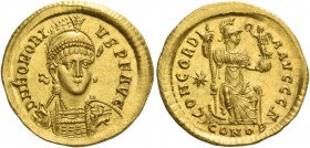 Honorius, 393 – 423. Solidus, Constantinopolis 408-420, AV 4.48 g. D N HONORI –VS P F AVG Helmeted, pearl-diademed and cuirassed bust facing three-qua...