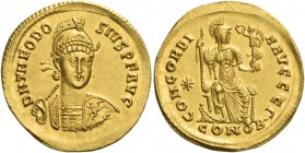 Theodosius II, 402 – 450. Solidus, Constantinopolis 408-420, AV 4.48 g. D N THEODO – SIVS P F AVG Helmeted, pearl-diademed and cuirassed bust three-qu...
