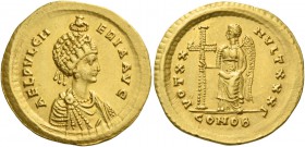 Aelia Pulcheria, sister of Theodosius II. Solidus, Constantinopolis 423–429, AV 4.35 g. AEL PVLCH – ERIA AVG Pearl-diademed, draped bust r., wearing d...
