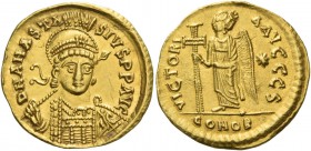 Anastasius, 11 April 491 – 1 July 518. Solidus 491-498, AV 4.46 g. D N ANASTA – SIVS P P AVG Helmeted, pearl-diademed and cuirassed bust three-quarter...