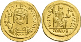 Justin II, 15 November 565 – 5 October 578. Solidus, Thessalonica 565-578, AV 4.43 g. D N I – VSTI – NVS PP AVI Helmeted, pearl-diademed and cuirassed...