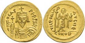 Phocas, 23 November 602 – 5 October 610. Solidus 607-610, AV 4.48 g. d N FOCAS – PERP AVC Draped and cuirassed bust facing, wearing crown and holding ...