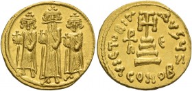 Heraclius, 5 October 610 – 11 January 641, with colleagues from January 613. Solidus 639–641, AV 4.49 g. Heraclius, with long beard, standing between ...