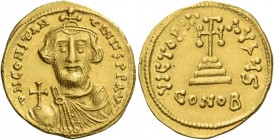 Constans II, September 641 – 15 July 678, with colleagues from 654. Solidus 651-654, AV 4.45 g. D N CONSTAN – tINЧS P P AVG Bust facing with short bea...