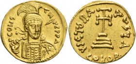 Constantine IV, Pogonatus 13 April 654 – 10 July 685. Solidus 681–685, AV 4.37 g. P CONS – TN – ЧS P P A Bust, three-quarters facing, wearing helmet a...