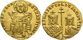 Basil the Macedonian, 27 September 867 – 29 August 886, with colleagues from 870. Solidus 868-879, AV 4.40 g. +IhS XPS REX – REGNANTIЧM* Christ, nimba...