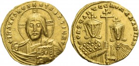 Constantine VII Porphyrogenitus, 6 June 913 – 9 November 959, with colleagues from 914. Solidus circa 949–959, AV 4.45 g. +IhS XPS ReX ReGNANTIЧM+ Fac...