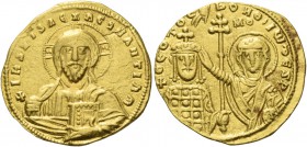 John I Tzimisces, 11 December 969 – 11 January 976. Tetarteron 969–976, AV 4.14 g. +IhS XIS ReX ReGNANTIhM Facing bust of Christ, with decorated nimbu...