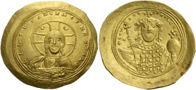 Constantine IX Monomachus, 11 June 1042 – 11 January 1055. Histamenon 1042-1055, AV 4.40 g. +IhS XIS RЄX RЄGNANTIhM Facing bust of Christ, nimbate, ra...