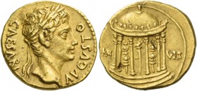 Octavian as Augustus, 27 BC – 14 AD. Aureus, Colonia Patricia (?) circa 18 BC, AV 7.89 g. CAESARI – AVGVSTO Laureate head r. Rev. MAR – VLT Hexastyle ...
