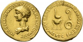 Nero caesar, 50 – 54. Aureus 50-54, AV 7.69 g. NERO CLAVD CAES DRVSVS GERM PRINC IVVENT Bare-headed and draped bust of Nero l. Rev. SACERD COOPT IN OM...
