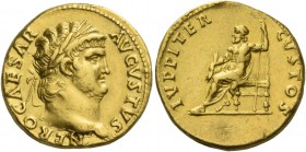Nero augustus, 54 – 68. Aureus circa 64-65, AV 7.20 g. NERO CAESAR – AVGVSTVS Laureate head r. Rev. IVPPITER – CVSTOS Jupiter seated l. on throne, hol...