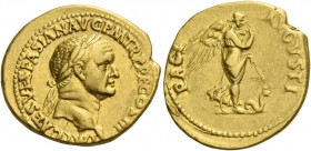 Vespasian, 69 – 79. Aureus, Lugdunum 71, AV 7.49 g. IMP CAES VESPASIAN AVG P M TR P PP COS III Laureate head r. Rev. PACI – AVGVSTI Pax-Nemesis advanc...