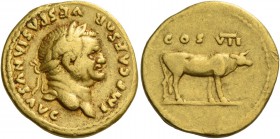 Vespasian, 69 – 79. Aureus 76, AV 7.07 g. IMP CAESAR – VESPASIANVS AVG Laureate head r. Rev. COS VII Cow walking r. C 117. BMC 176. RIC 840. CBN –. Ca...