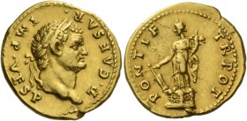 Titus caesar, 69 – 79. Aureus 74, AV 7.33 g. T CAESAR – IMP VESP Laureate head r. Rev. PONTIF – TR POT Fortuna standing l. on garlanded base, holding ...