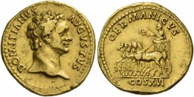 Domitian augustus, 81 – 96. Aureus 92-94, AV 7.56 g. DOMITIANVS – AVGVSTVS Bare head r. Rev. GERMANICVS Domitian standing in quadriga l., holding laur...