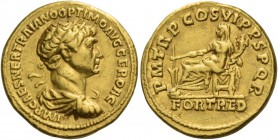Trajan augustus, 91 – 117. Aureus 114–116, AV 7.19 g. IMP CAES NER TRAIANO OPTIMO AVG GER DAC Laureate, draped and cuirassed bust r. Rev. P M TR P COS...