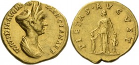 Matidia, daughter of Trajan's sister. Aureus 112, AV 7.28 g. MATIDIA AVG DI[VA]E – MARCIANAE F Draped bust r., hair elaborately dressed, above which c...