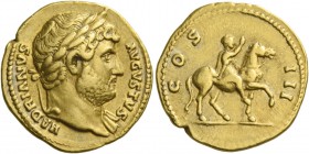 Hadrian augustus, 117 – 138. Aureus 125-128, AV 7.20 g. HADRIANVS – AVGVSTVS Laureate and bearded head r., with drapery on l. shoulder. Rev. COS – III...