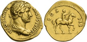 Hadrian augustus, 117 – 138. Aureus circa 134-138, AV 7.18 g. HADRIANVS – AVGVSTVS P P Laureate, draped and cuirassed bust r. Rev. COS – III Hadrian o...