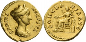 Sabina, wife of Hadrian. Aureus 134-138, AV 7.35 g. SABINA – AVGVSTA Draped bust r., hair coiled and piled on back of head behind metal tiara. Rev. CO...