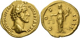 Antoninus Pius augustus, 138 – 161. Aureus, 148-149, AV 7.17 g. ANTONINVS AVG – PIVS P P TR P XII Bare head r. Rev. C – OS – IIII Aequitas standing l....