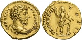 Marcus Aurelius caesar, 139 – 161. Aureus 158-159, AV 7.19 g. AVRELIVS – CAES AVG PII F Bare-headed and draped bust r. Rev. TR POT XIII – COS II Virtu...