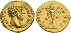 Marcus Aurelius caesar, 139 – 161. Aureus, Roma 159-160, AV 7.27 g. AVRELIVS CAES – AVG PII F Bare-headed and draped bust r. Rev. TR POT XIIII – C – O...