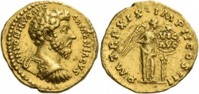 Marcus Aurelius augustus, 139 – 161. Aureus 164-165, AV 7.27 g. ANTONINVS AVG – ARMENIACVS Bare-headed and cuirassed bust r. Rev. P M TR P XIX IMP II ...