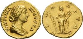 Faustina II, daughter of Antoninus Pius and wife of Marcus Aurelius. Aureus 161-176, AV 7.29 g. FAVSTINA – AVGVSTA Draped bust r. Rev. HIL – A – R – I...