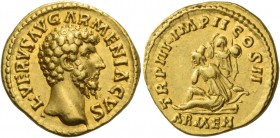 Lucius Verus, 161 - 169. Aureus 163, AV 7.23 g. L VERVS AVG ARMENIACVS Bare head r. Rev. TR P III IMP II COS II Armenia seated l., on bow and quiver; ...