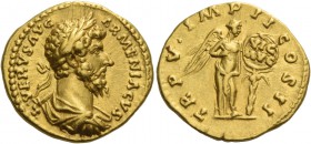 Lucius Verus, 161 - 169. Aureus 165, AV 7.28 g. L VERVS AVG – ARMENIACVS Laureate, draped and cuirassed bust r. Rev. TR P V IMP II COS II Victory, hal...