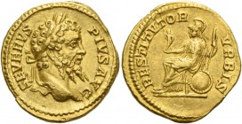Septimius Severus, 193 – 211. Aureus, 201-210, AV 7.13 g. SEVERVS – PIVS AVG Laureate head r. Rev. RESTITVTOR – VRBIS Roma seated l. on shield, holdin...