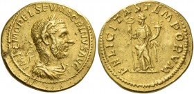Macrinus, 217 – 218. Aureus 217-218, AV 6.69 g. IMP C M OPEL SEV MACRINVS AVG Laureate, draped and cuirassed bust r. Rev. FELICITAS TEMPORVM Felicitas...