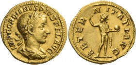 Gordian III, 238 – 244. Aureus, Roma 241-243, AV 4.95 g. IMP GORDIANVS PIVS FEL AVG Laureate, draped and cuirassed bust r. Rev. AETER – NITATI AVG Sol...