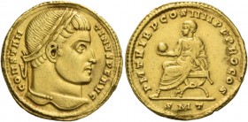 Constantine I augustus, 307 – 337. Solidus, Ticinum 315, AV 4.38 g. CONSTAN – TINVS P F AVG Laureate head r. Rev. P M TRIB P COS IIII P P PRO COS Prin...